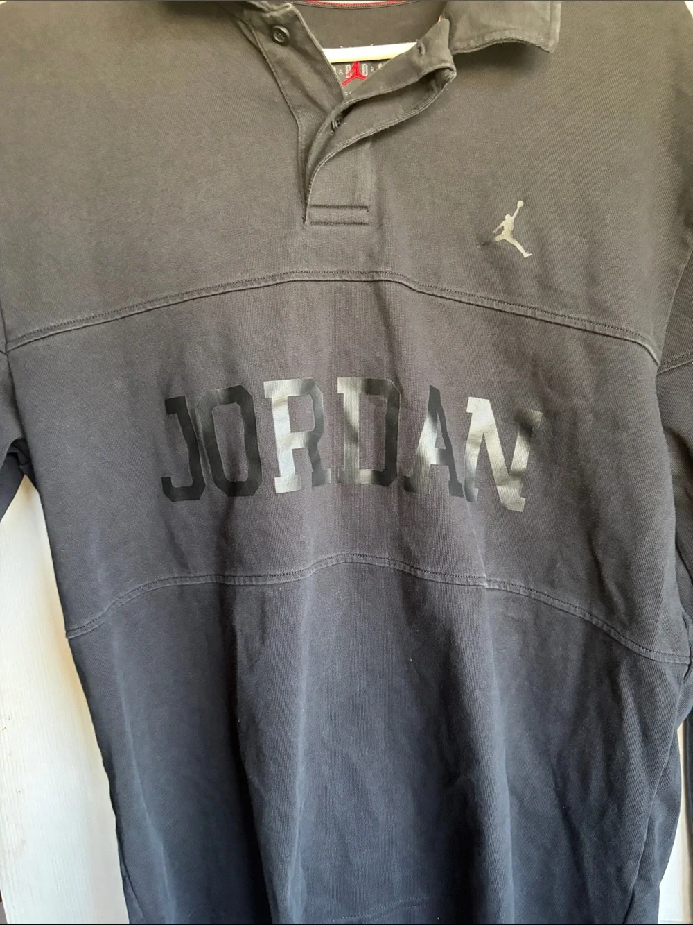 Jordan Men's Dark Gray Polo-Style Sweatshirt with Chest Lettering